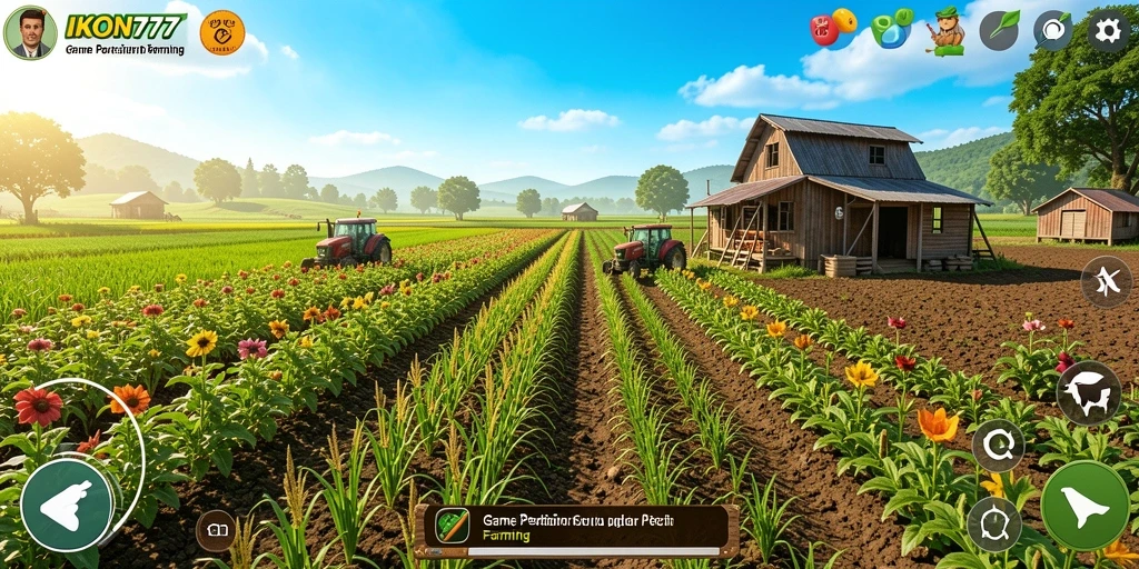 Tampilan gameplay IKON777 dengan ladang dan hewan ternak yang hidup.