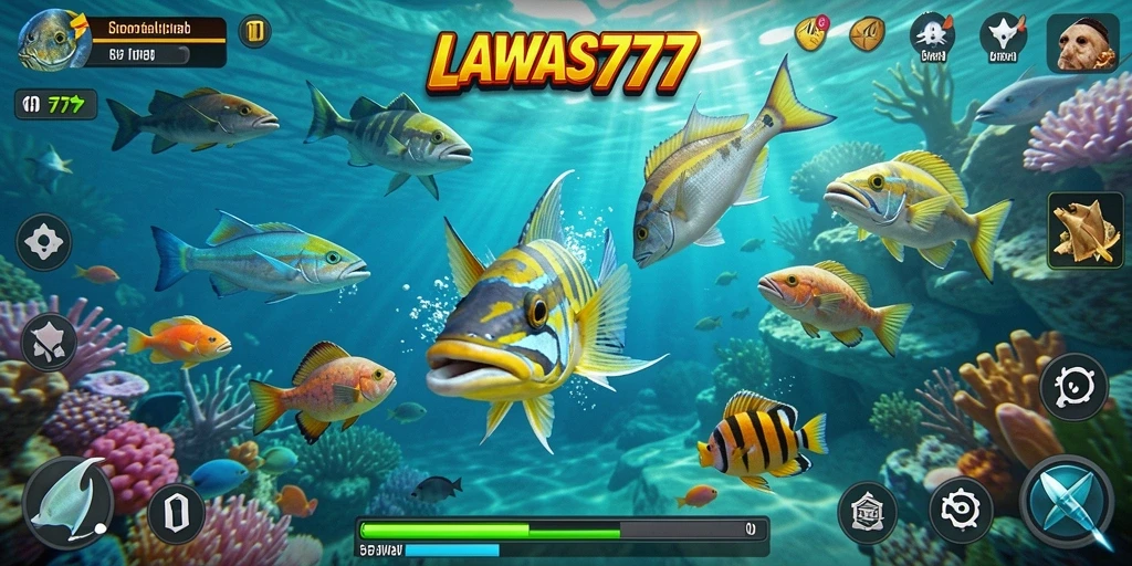 Screenshot utama LAWAS777 menampilkan serunya menembak ikan di lautan.